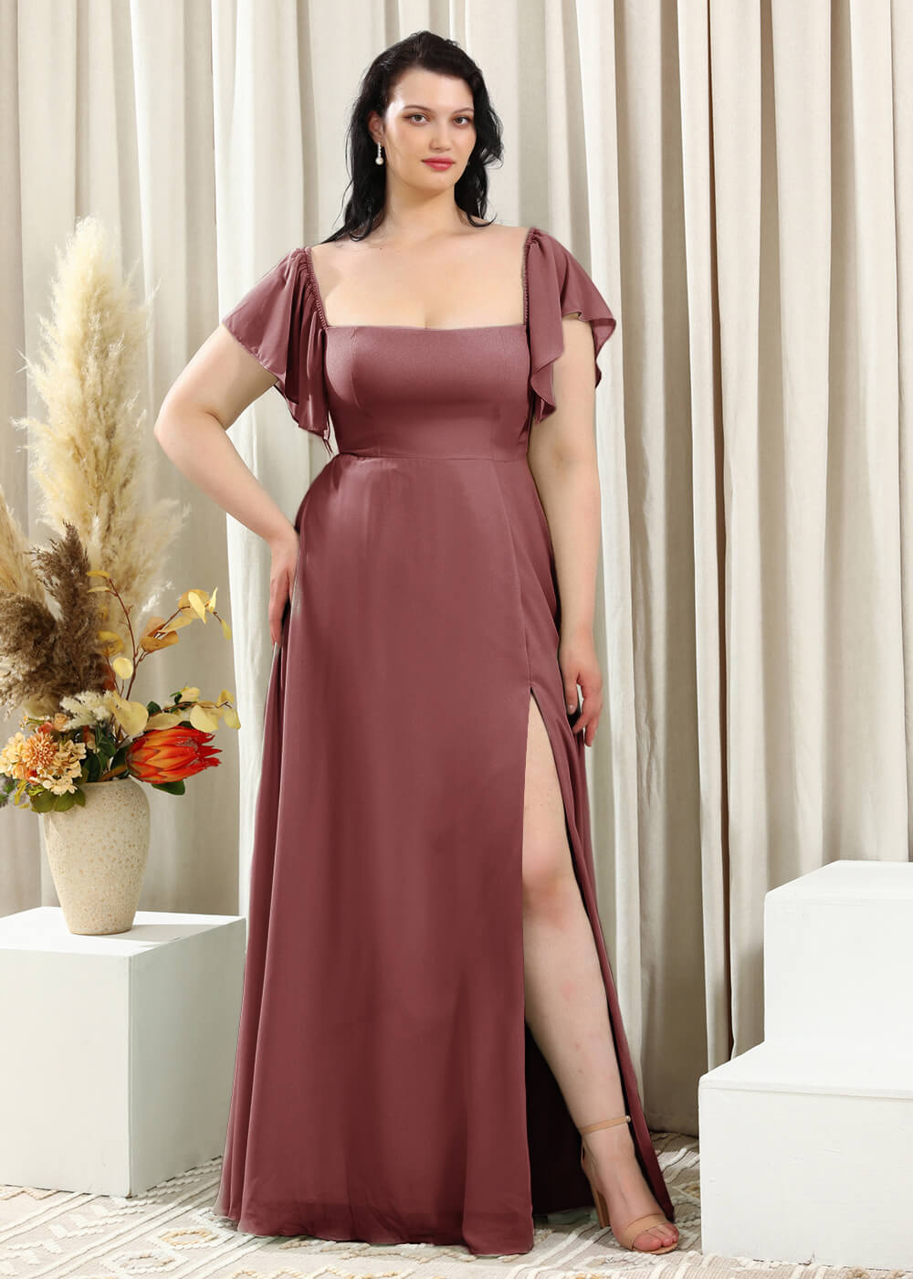 Square Neck Cap Sleeve A-line Long Chiffon Bridesmaid Dress