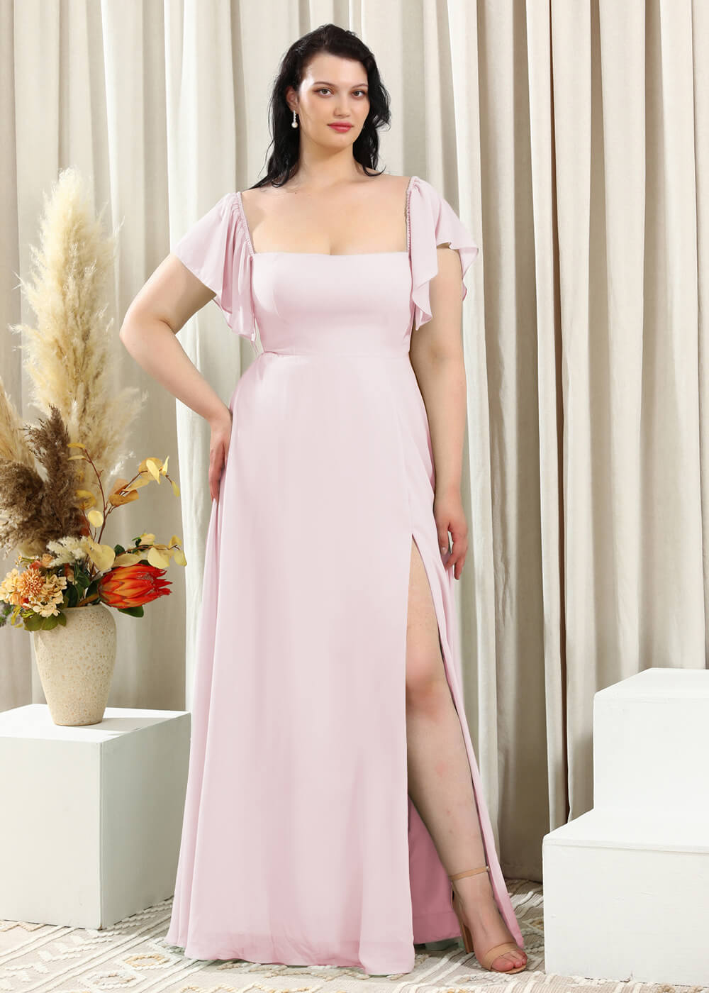 Square Neck Cap Sleeve A-line Long Chiffon Bridesmaid Dress