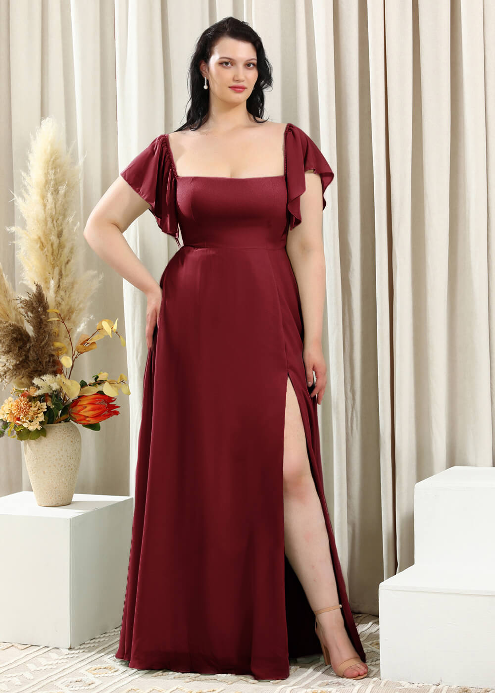 Square Neck Cap Sleeve A-line Long Chiffon Bridesmaid Dress