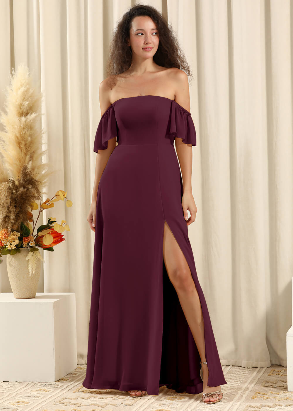 Off the Shoulder A-line Long Chiffon Split Bridesmaid Dress
