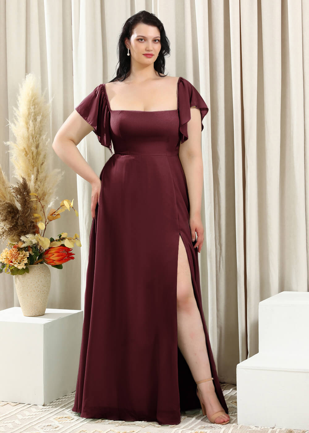 Square Neck Cap Sleeve A-line Long Chiffon Bridesmaid Dress