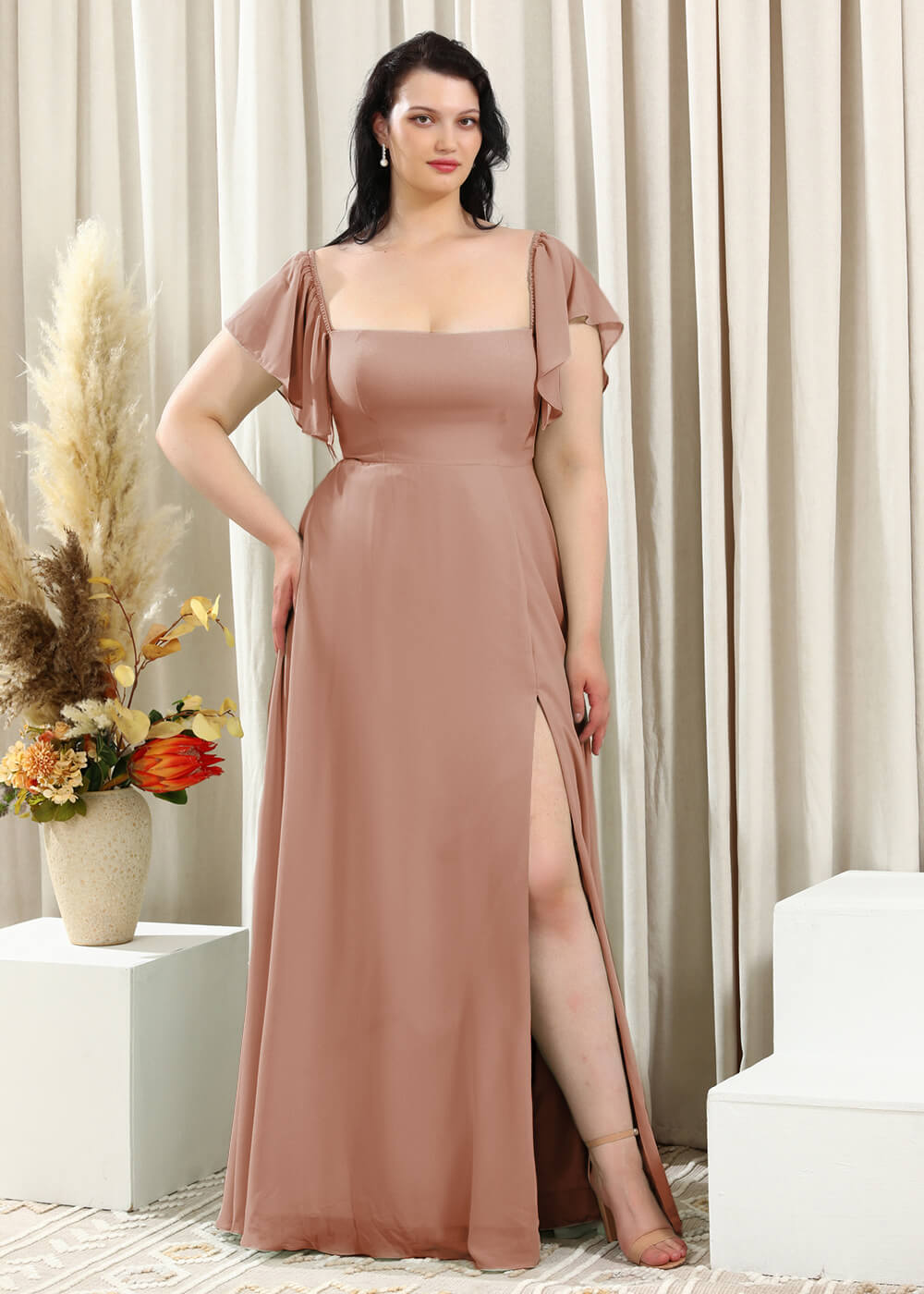 Square Neck Cap Sleeve A-line Long Chiffon Bridesmaid Dress