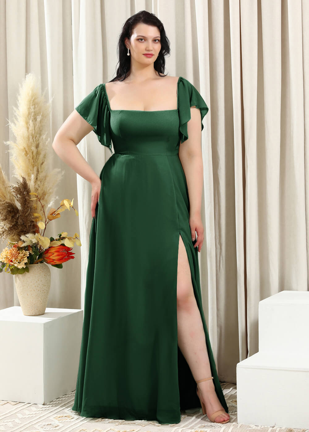 Square Neck Cap Sleeve A-line Long Chiffon Bridesmaid Dress