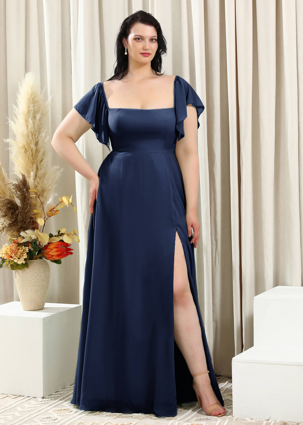 Square Neck Cap Sleeve A-line Long Chiffon Bridesmaid Dress
