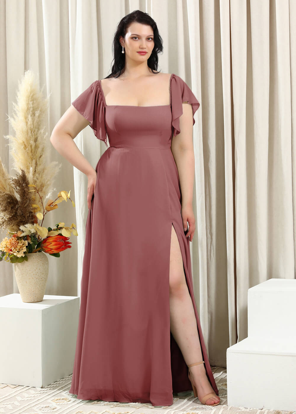 Square Neck Cap Sleeve A-line Long Chiffon Bridesmaid Dress