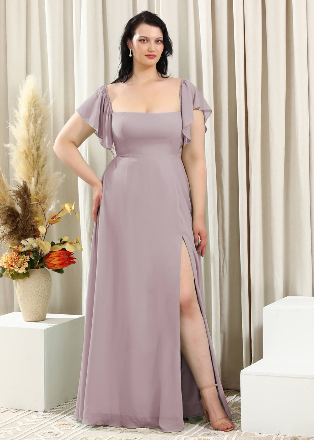 Square Neck Cap Sleeve A-line Long Chiffon Bridesmaid Dress