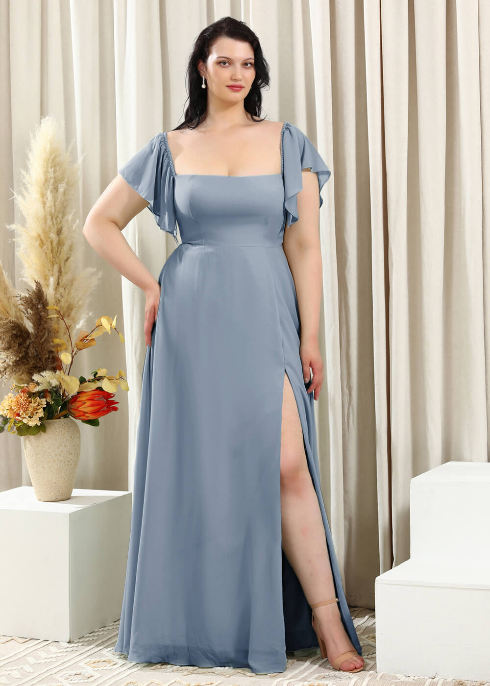 Square Neck Cap Sleeve A-line Long Chiffon Bridesmaid Dress