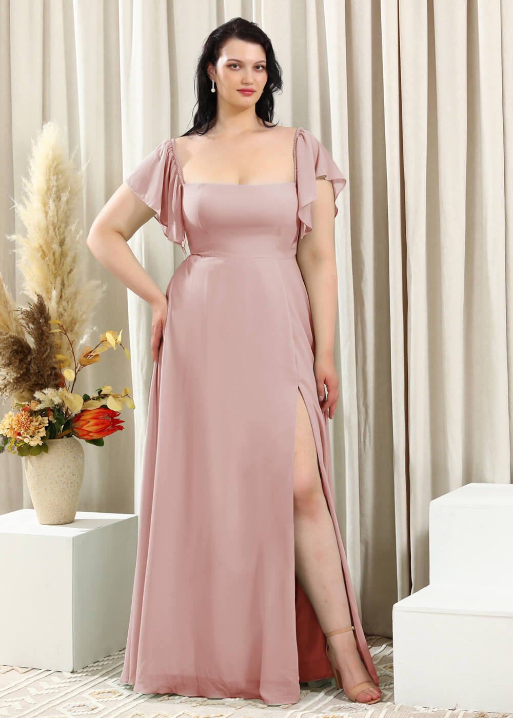 Square Neck Cap Sleeve A-line Long Chiffon Bridesmaid Dress