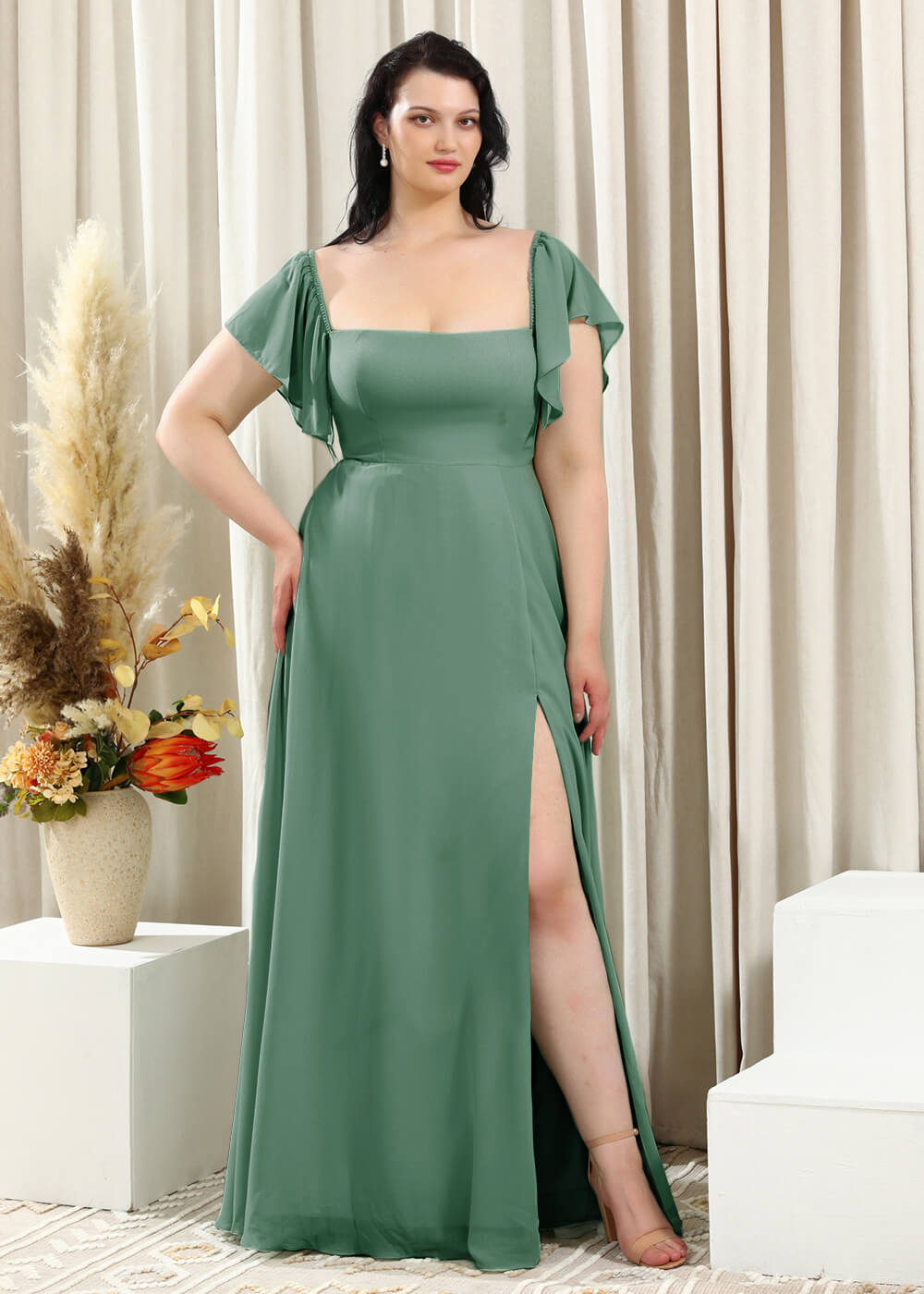Square Neck Cap Sleeve A-line Long Chiffon Bridesmaid Dress