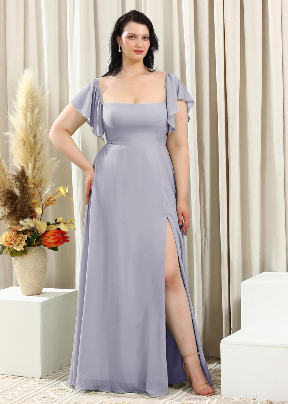 Square Neck Cap Sleeve A-line Long Chiffon Bridesmaid Dress
