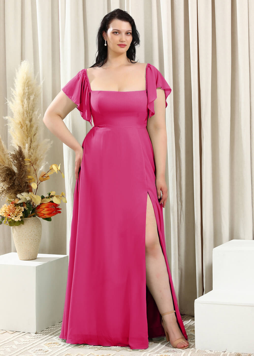 Square Neck Cap Sleeve A-line Long Chiffon Bridesmaid Dress
