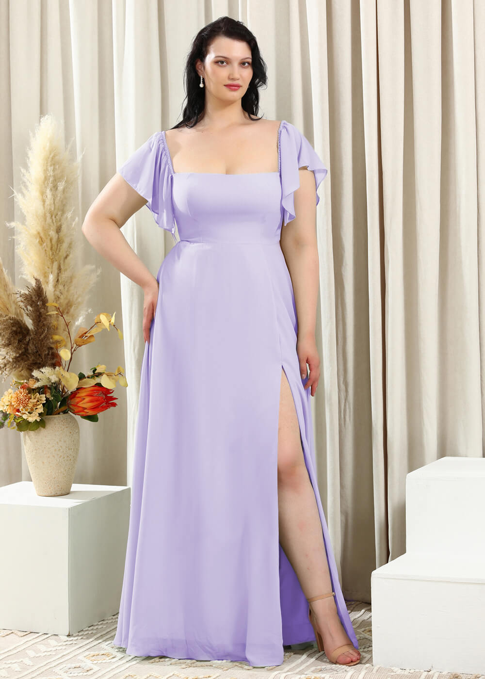 Square Neck Cap Sleeve A-line Long Chiffon Bridesmaid Dress
