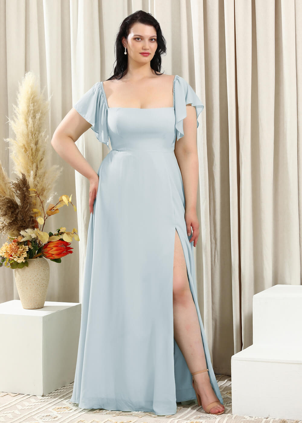 Square Neck Cap Sleeve A-line Long Chiffon Bridesmaid Dress