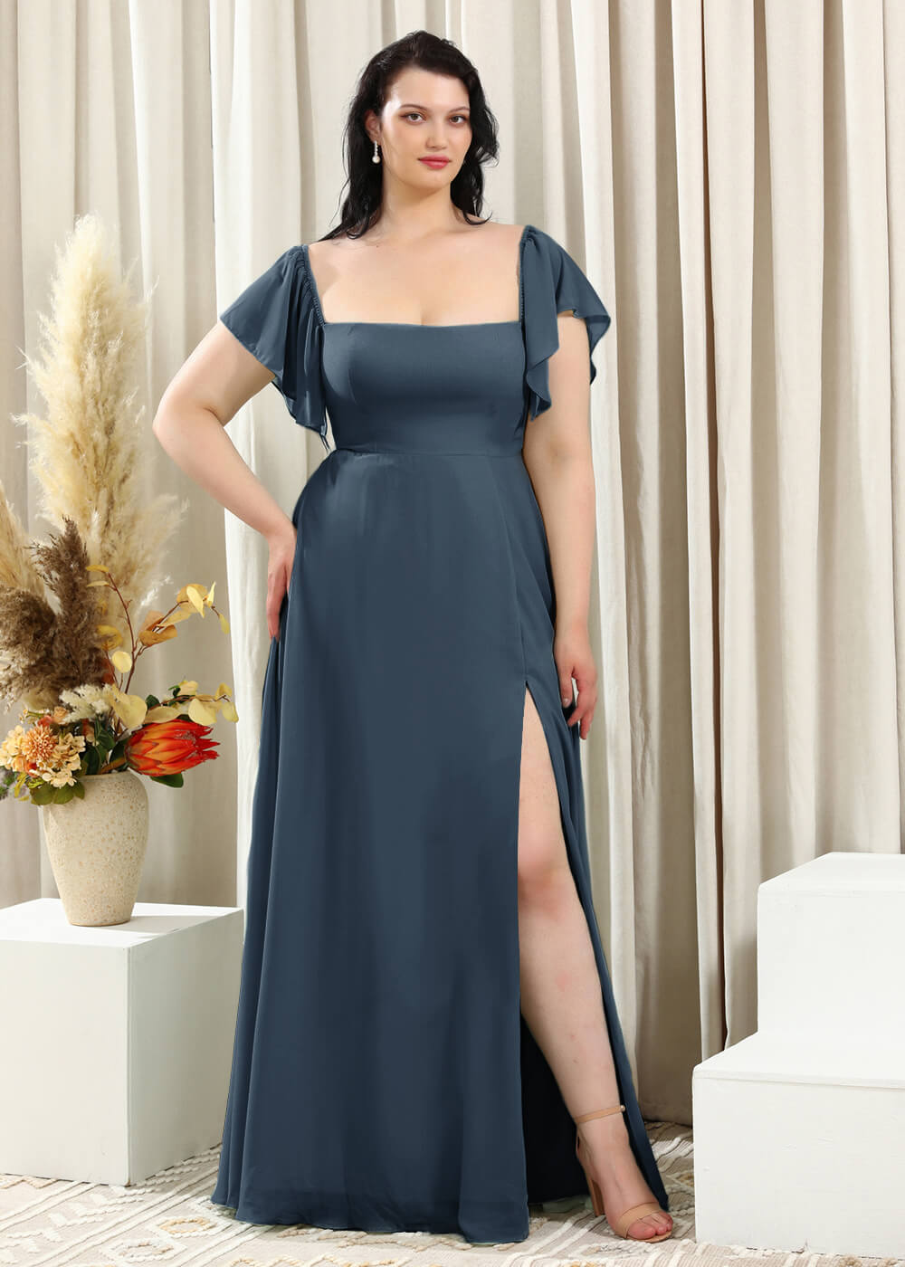 Square Neck Cap Sleeve A-line Long Chiffon Bridesmaid Dress