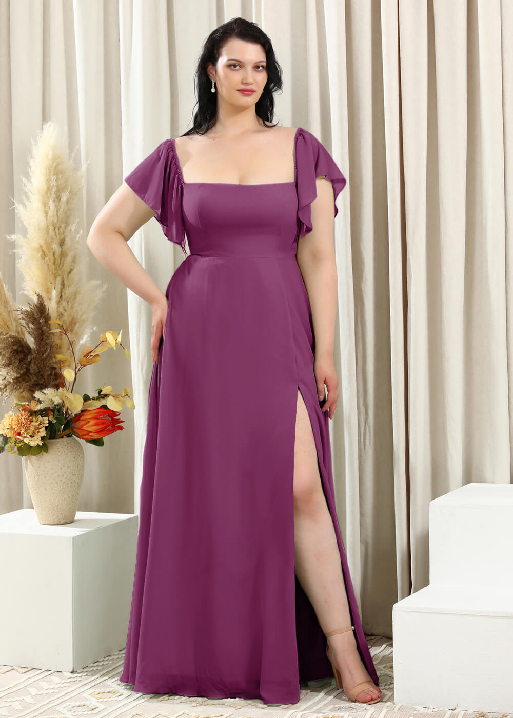 Square Neck Cap Sleeve A-line Long Chiffon Bridesmaid Dress