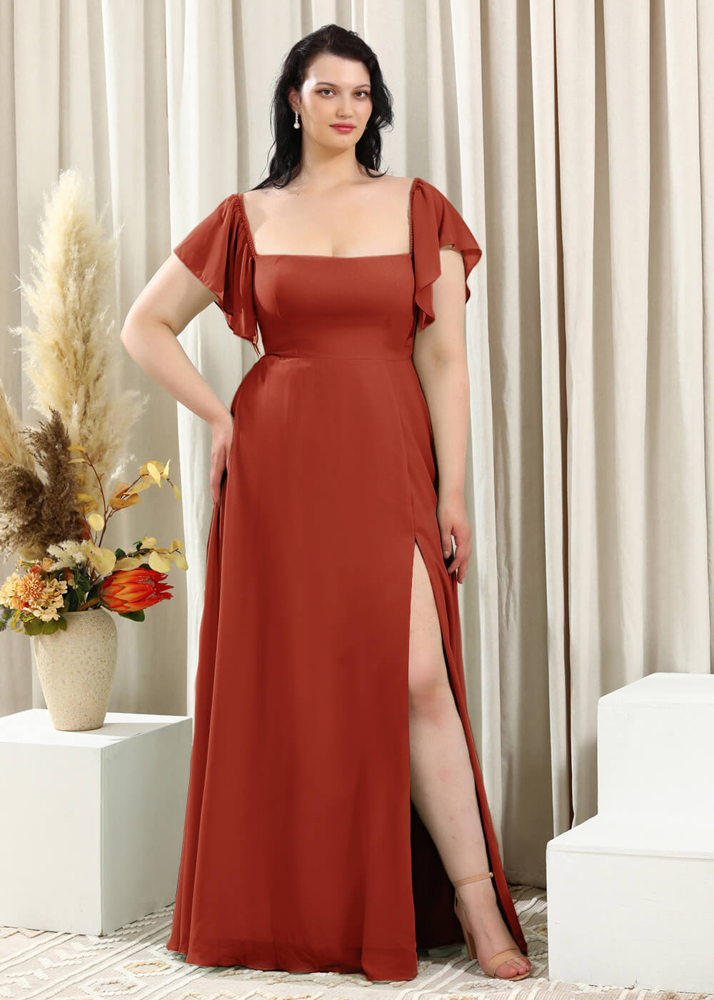Square Neck Cap Sleeve A-line Long Chiffon Bridesmaid Dress