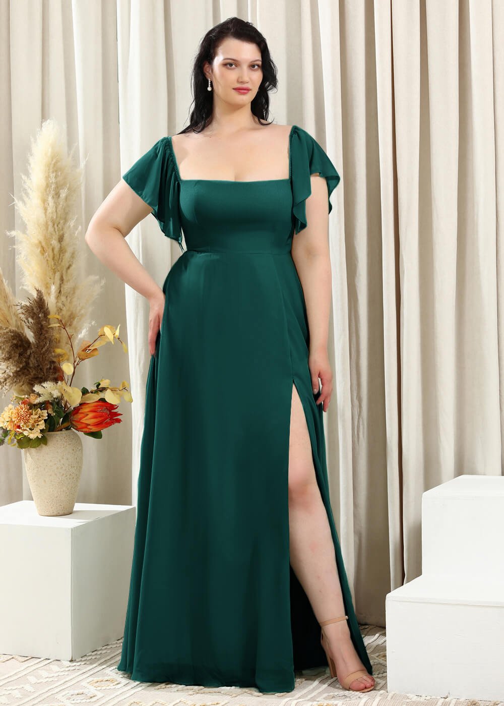 Square Neck Cap Sleeve A-line Long Chiffon Bridesmaid Dress