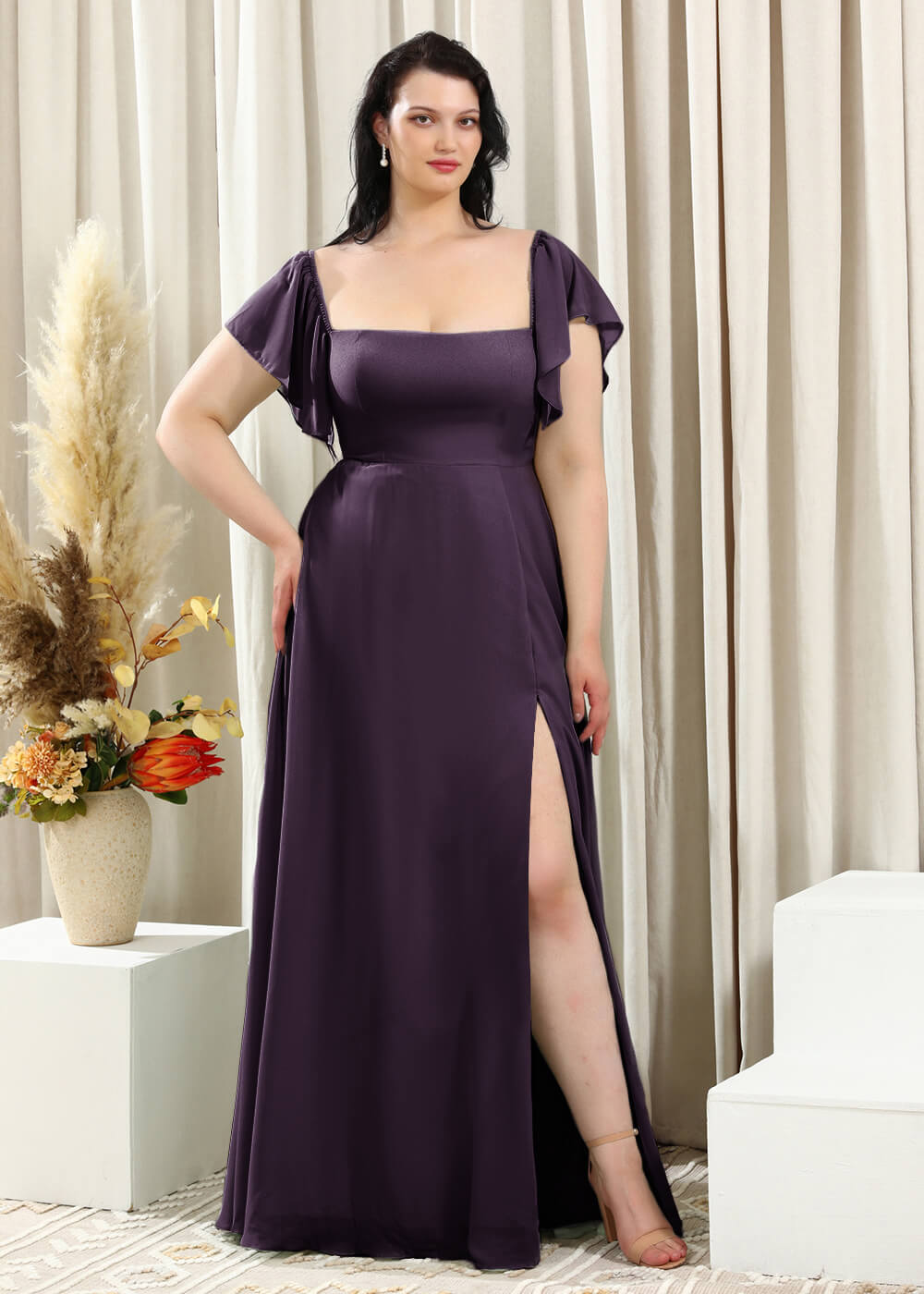Square Neck Cap Sleeve A-line Long Chiffon Bridesmaid Dress