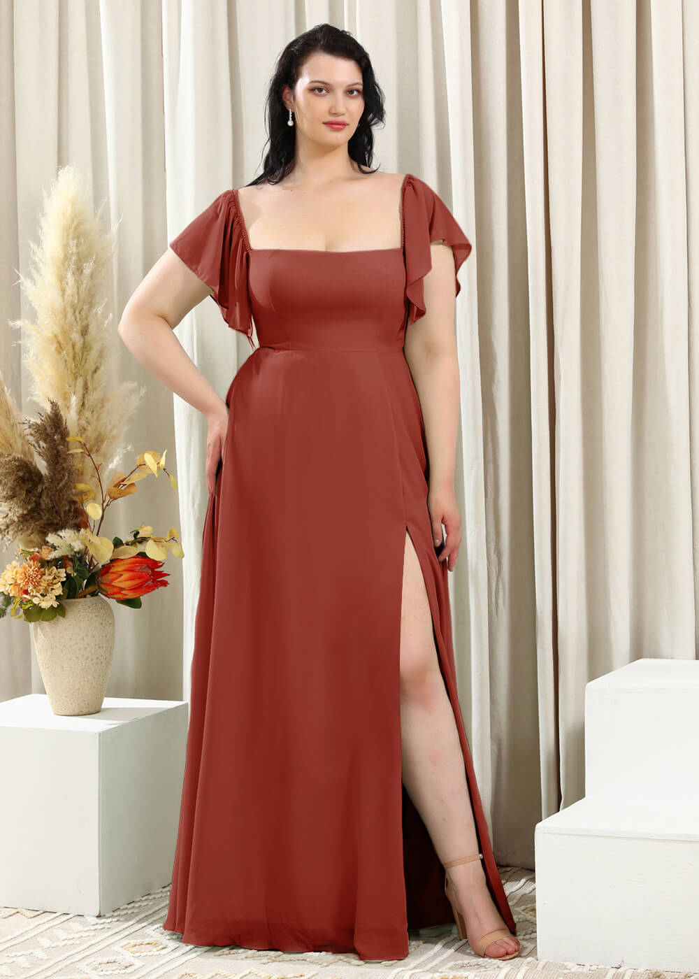 Square Neck Cap Sleeve A-line Long Chiffon Bridesmaid Dress