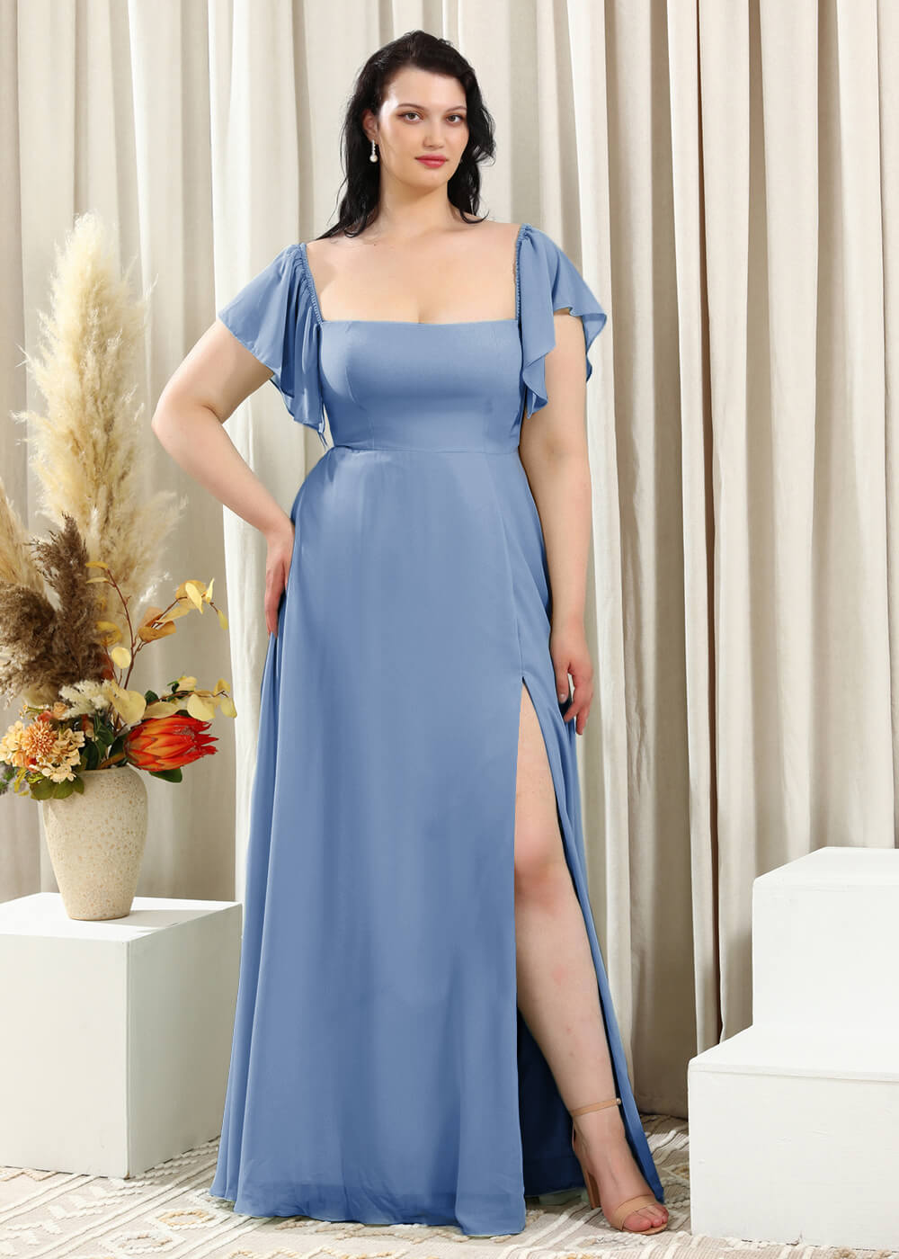 Square Neck Cap Sleeve A-line Long Chiffon Bridesmaid Dress