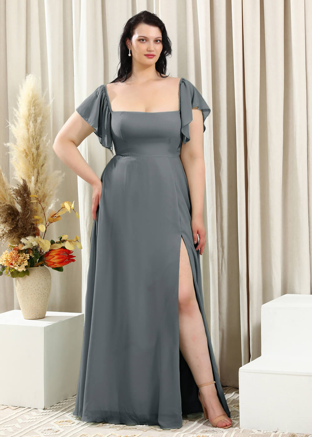 Square Neck Cap Sleeve A-line Long Chiffon Bridesmaid Dress