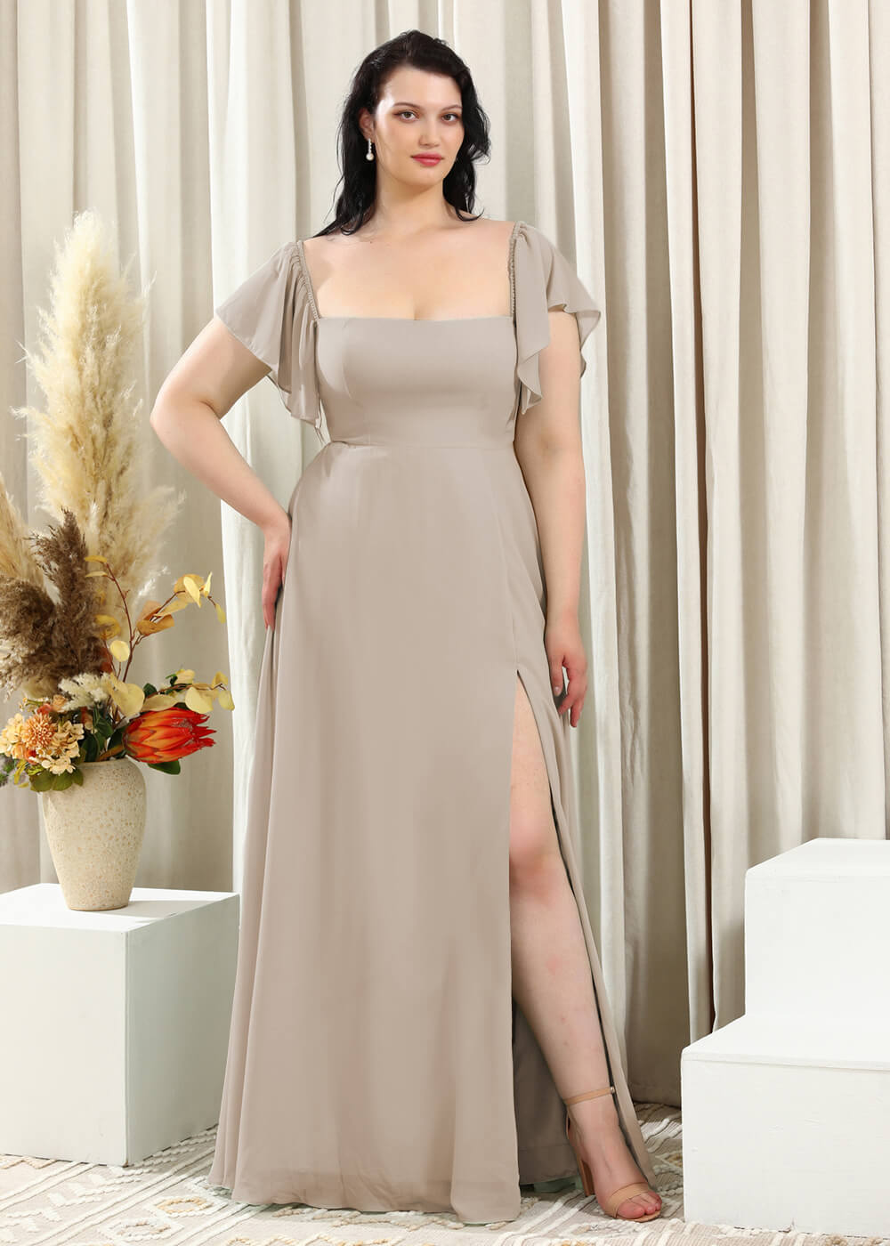 Square Neck Cap Sleeve A-line Long Chiffon Bridesmaid Dress