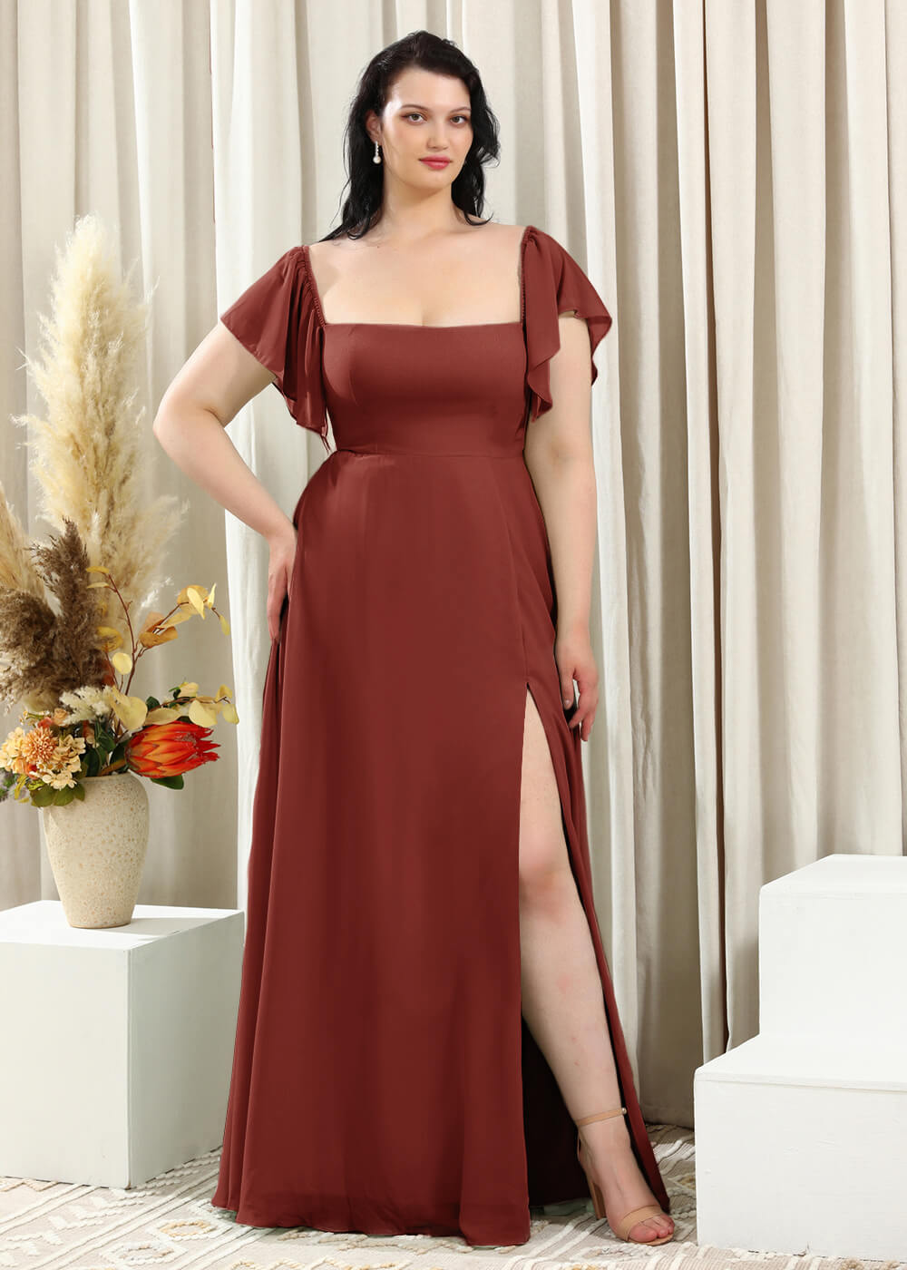 Square Neck Cap Sleeve A-line Long Chiffon Bridesmaid Dress