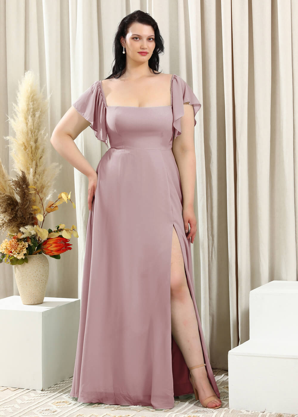 Square Neck Cap Sleeve A-line Long Chiffon Bridesmaid Dress