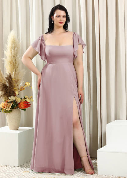 Square Neck Cap Sleeve A-line Long Chiffon Bridesmaid Dress
