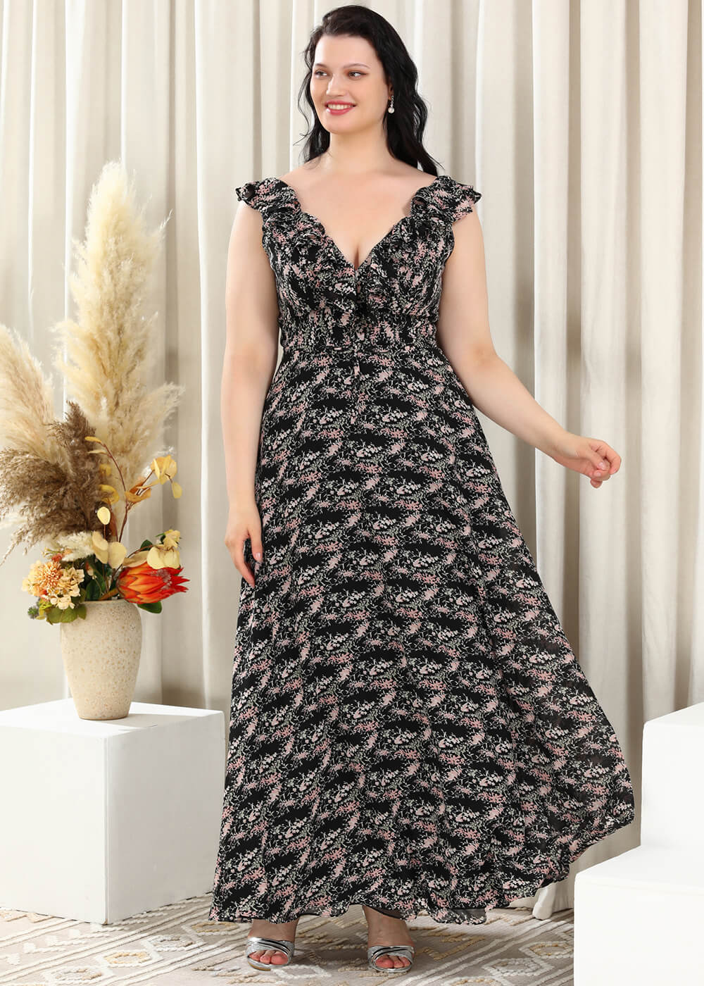 Lilac Printing Chiffon Ruffles V-neck V-back A-line Long Bridesmaid Dress