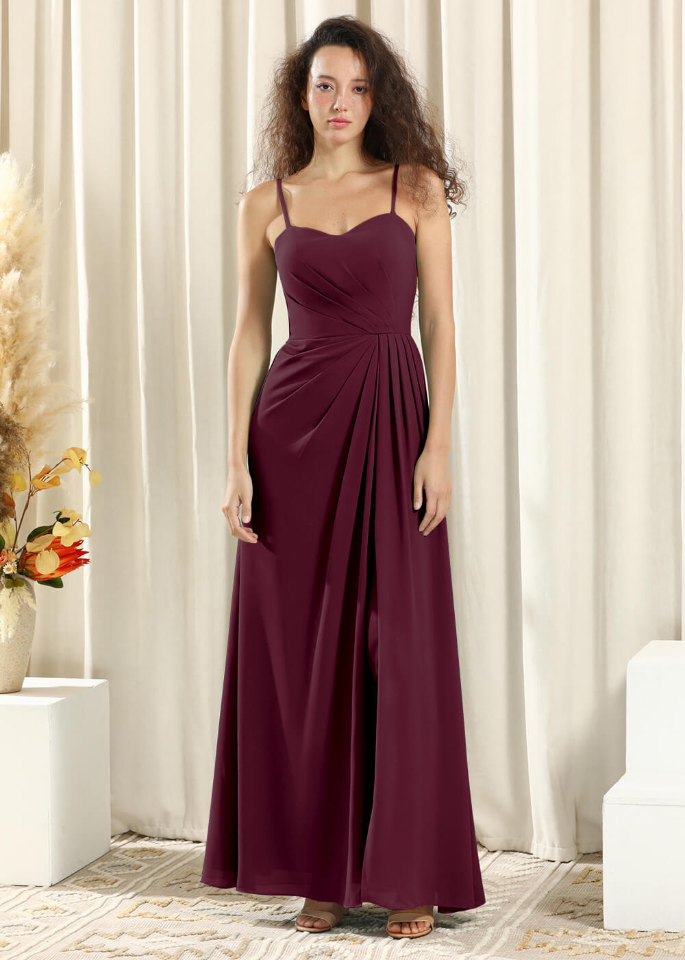 Sweetheart Neck Spaghetti Strap A-line Long Chiffon Bridesmaid Dress