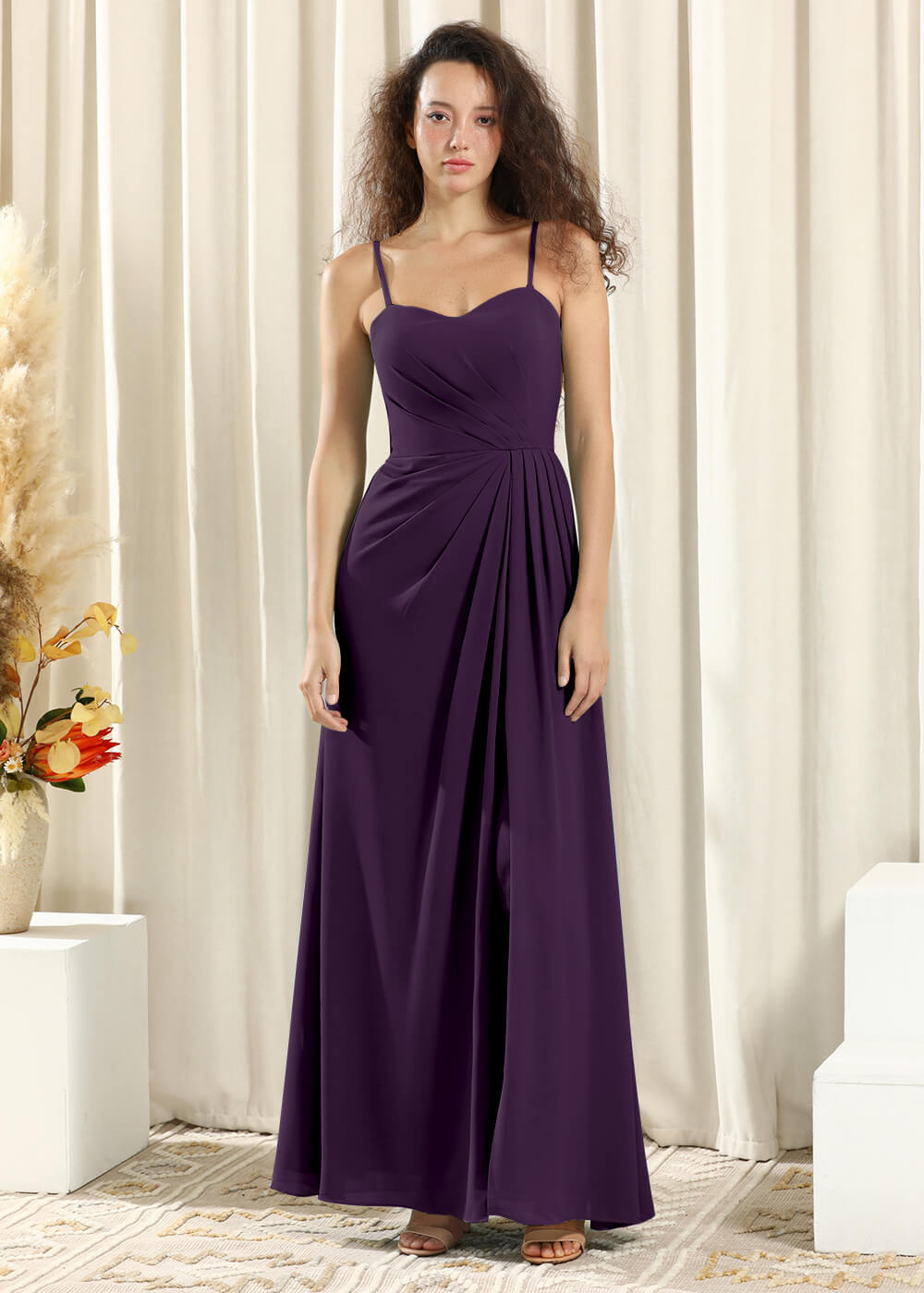 Sweetheart Neck Spaghetti Strap A-line Long Chiffon Bridesmaid Dress