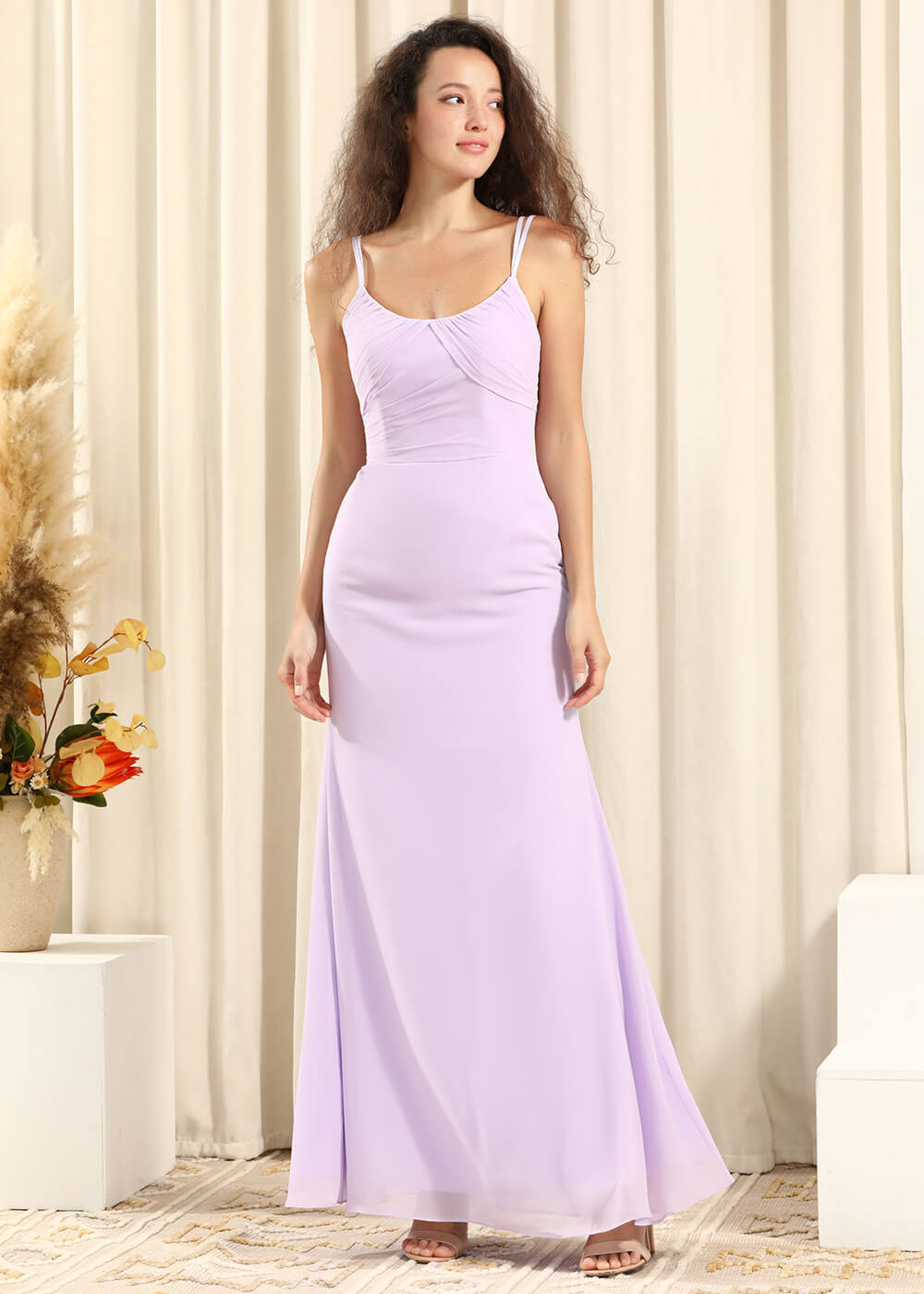 Sheath Chiffon Long Pleated Scoop Neck Spaghetti Strap Bridesmaid Dress
