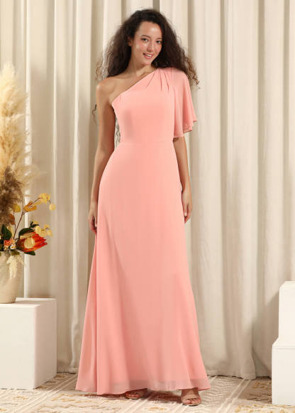One Shoulder Pleated Short Sleeves Chiffon A-line Long Bridesmaid Dres