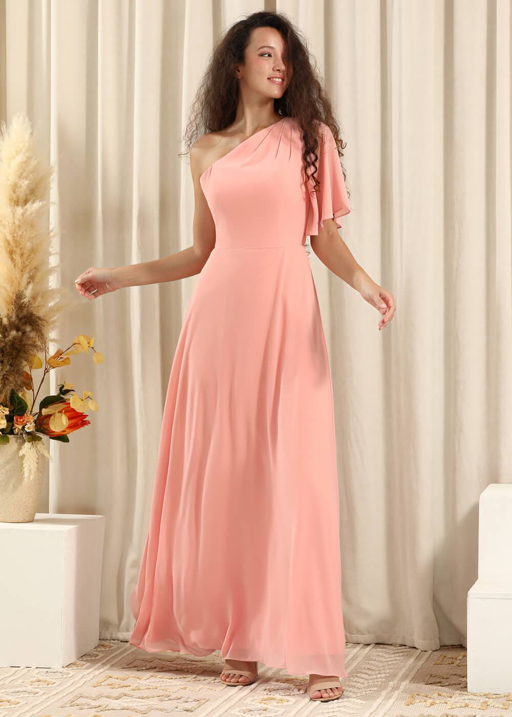 One Shoulder Pleated Short Sleeves Chiffon A-line Long Bridesmaid Dress