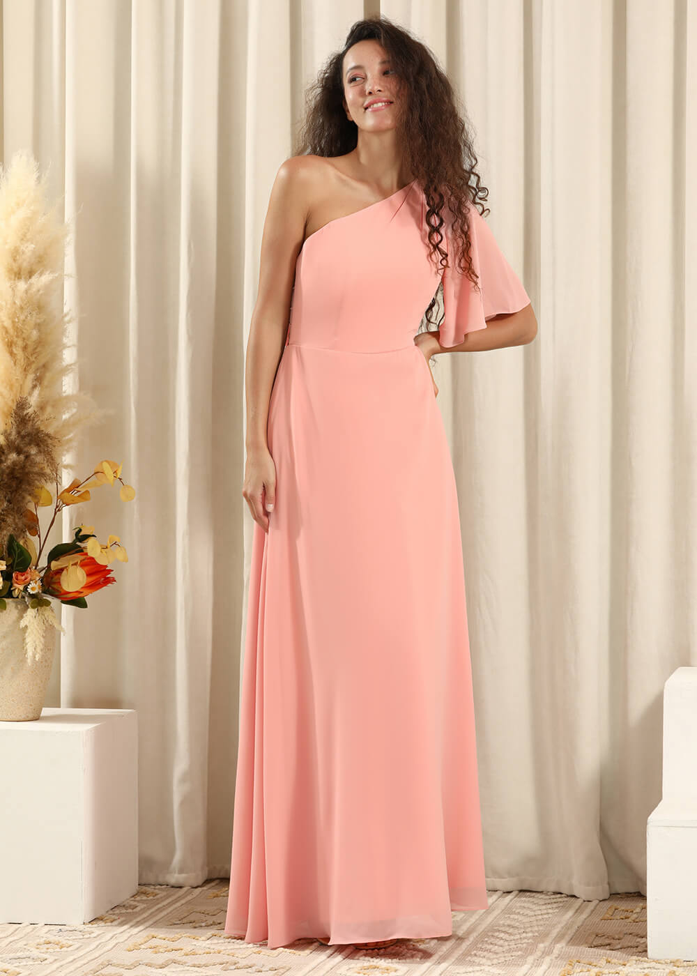 One Shoulder Pleated Short Sleeves Chiffon A-line Long Bridesmaid Dress