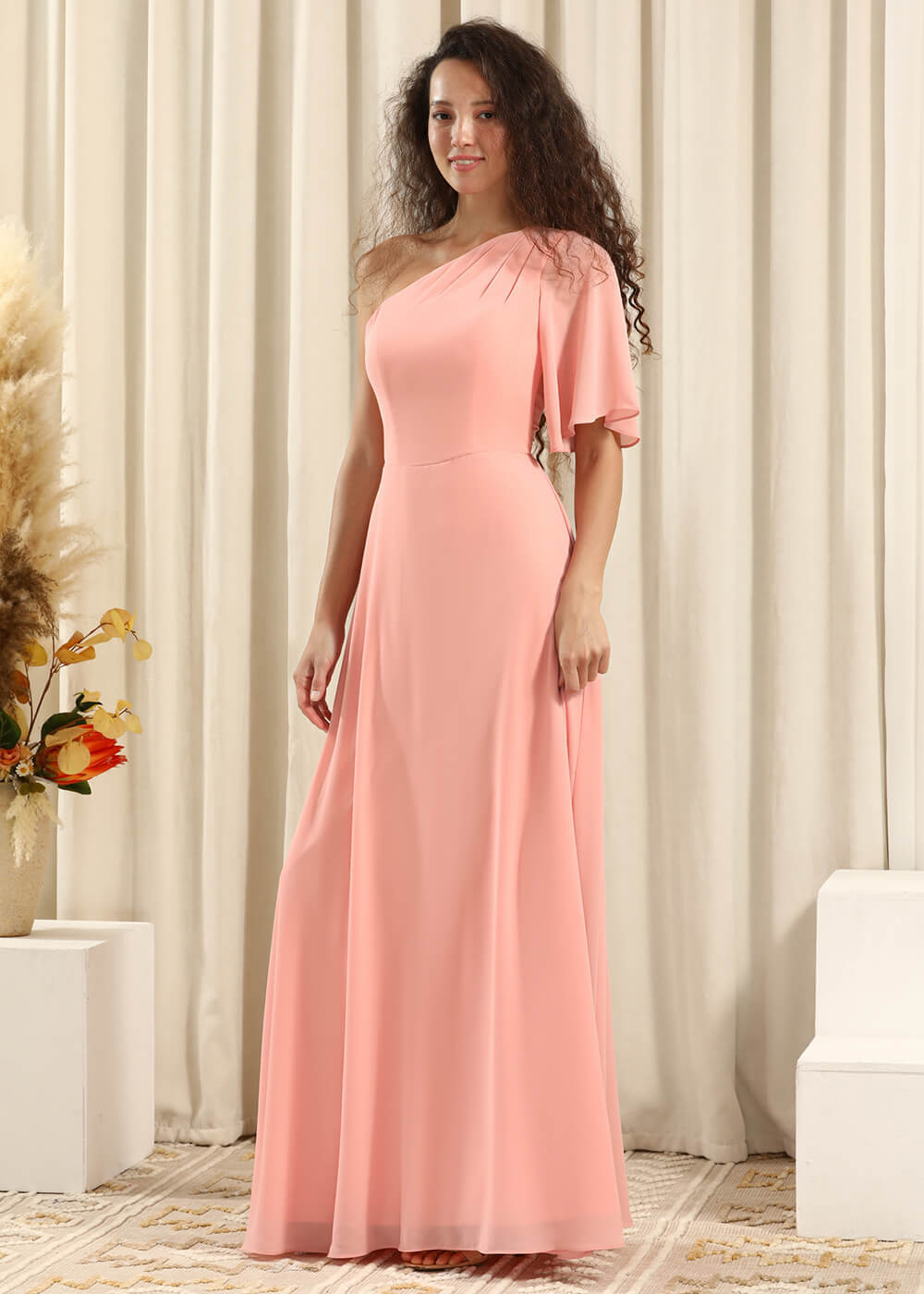 One Shoulder Pleated Short Sleeves Chiffon A-line Long Bridesmaid Dress