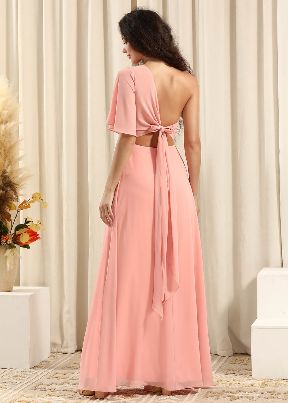 One Shoulder Pleated Short Sleeves Chiffon A-line Long Bridesmaid Dress