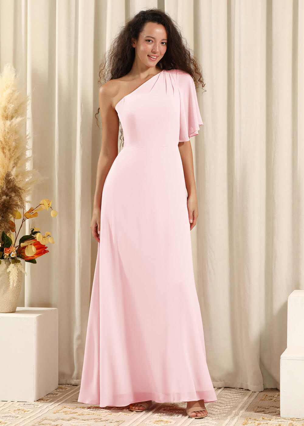 One Shoulder Pleated Short Sleeves Chiffon A-line Long Bridesmaid Dress