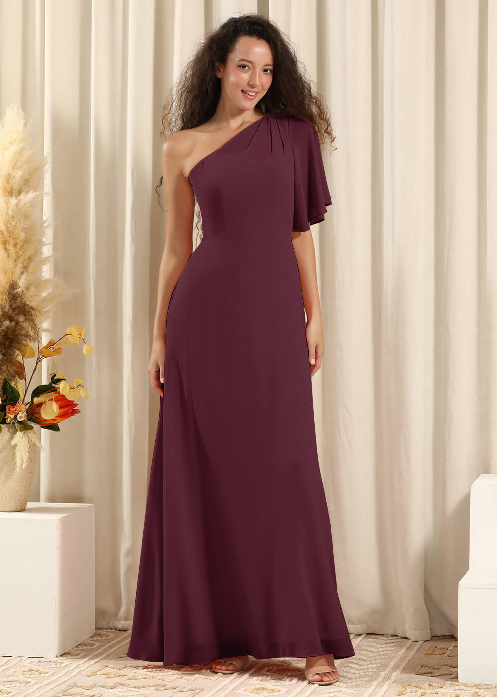 One Shoulder Pleated Short Sleeves Chiffon A-line Long Bridesmaid Dress