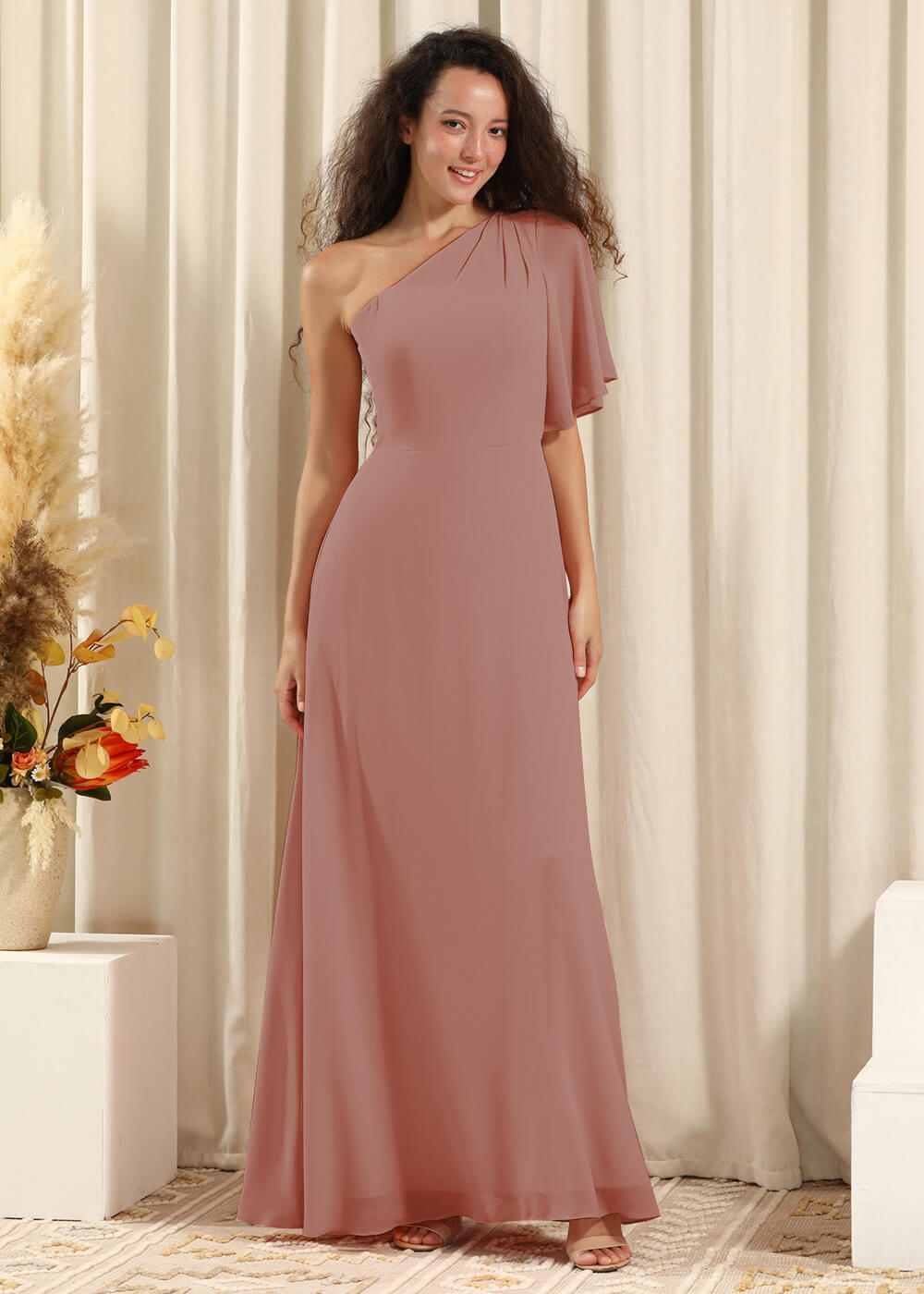 One Shoulder Pleated Short Sleeves Chiffon A-line Long Bridesmaid Dress