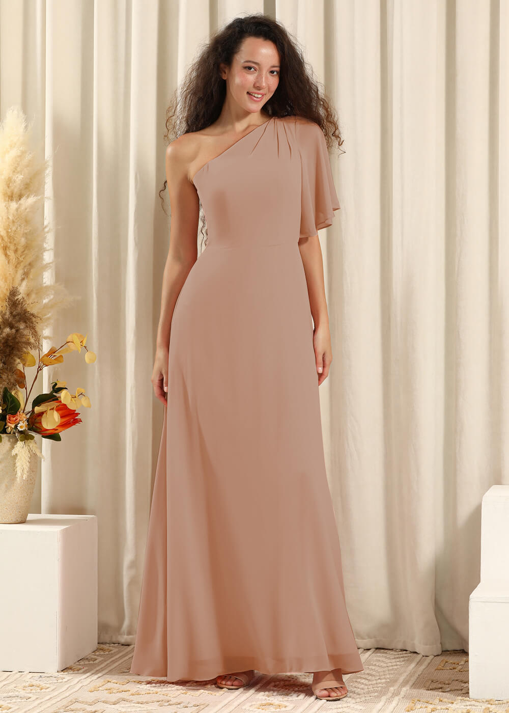 One Shoulder Pleated Short Sleeves Chiffon A-line Long Bridesmaid Dress