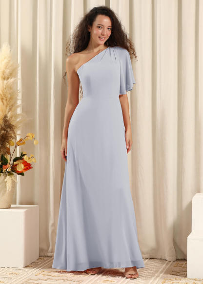 One Shoulder Pleated Short Sleeves Chiffon A-line Long Bridesmaid Dress