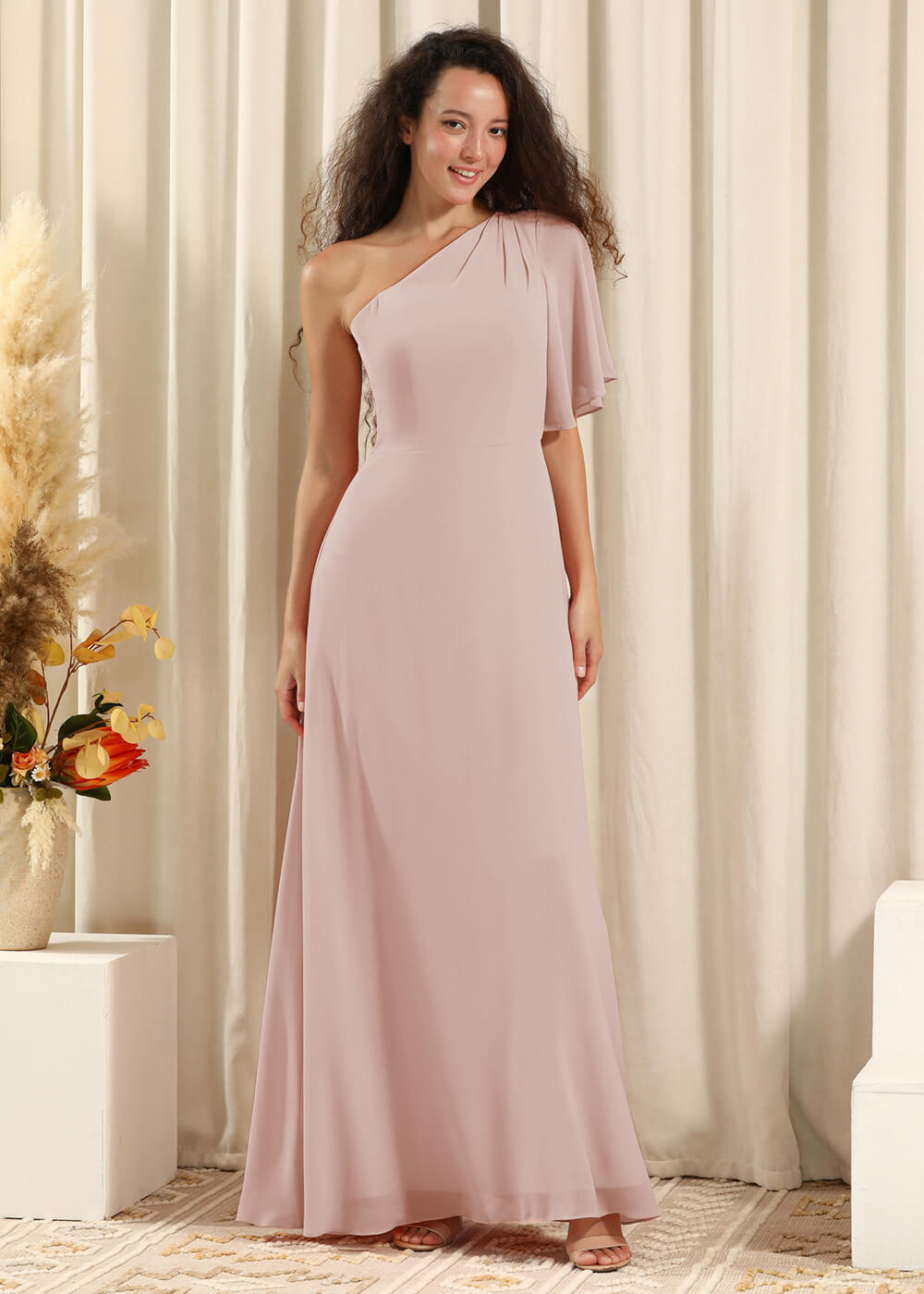 One Shoulder Pleated Short Sleeves Chiffon A-line Long Bridesmaid Dress