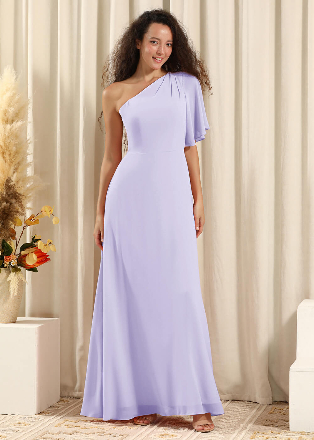 One Shoulder Pleated Short Sleeves Chiffon A-line Long Bridesmaid Dress