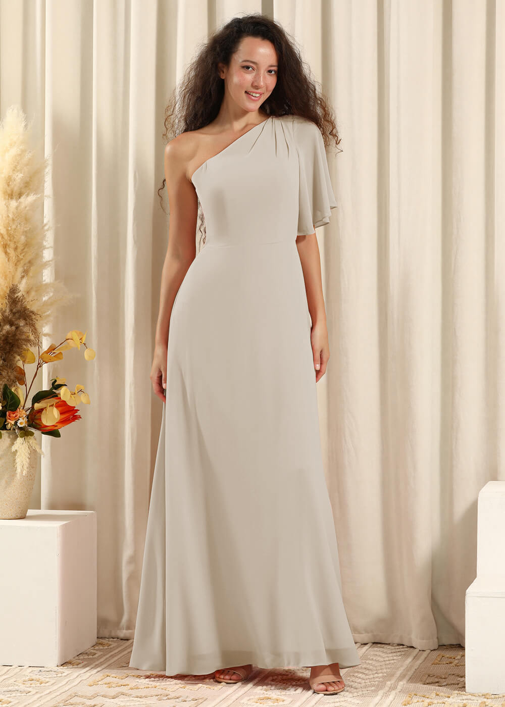 One Shoulder Pleated Short Sleeves Chiffon A-line Long Bridesmaid Dress
