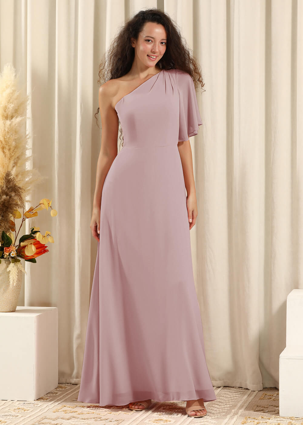 One Shoulder Pleated Short Sleeves Chiffon A-line Long Bridesmaid Dress