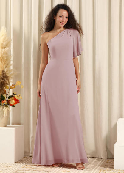 One Shoulder Pleated Short Sleeves Chiffon A-line Long Bridesmaid Dress