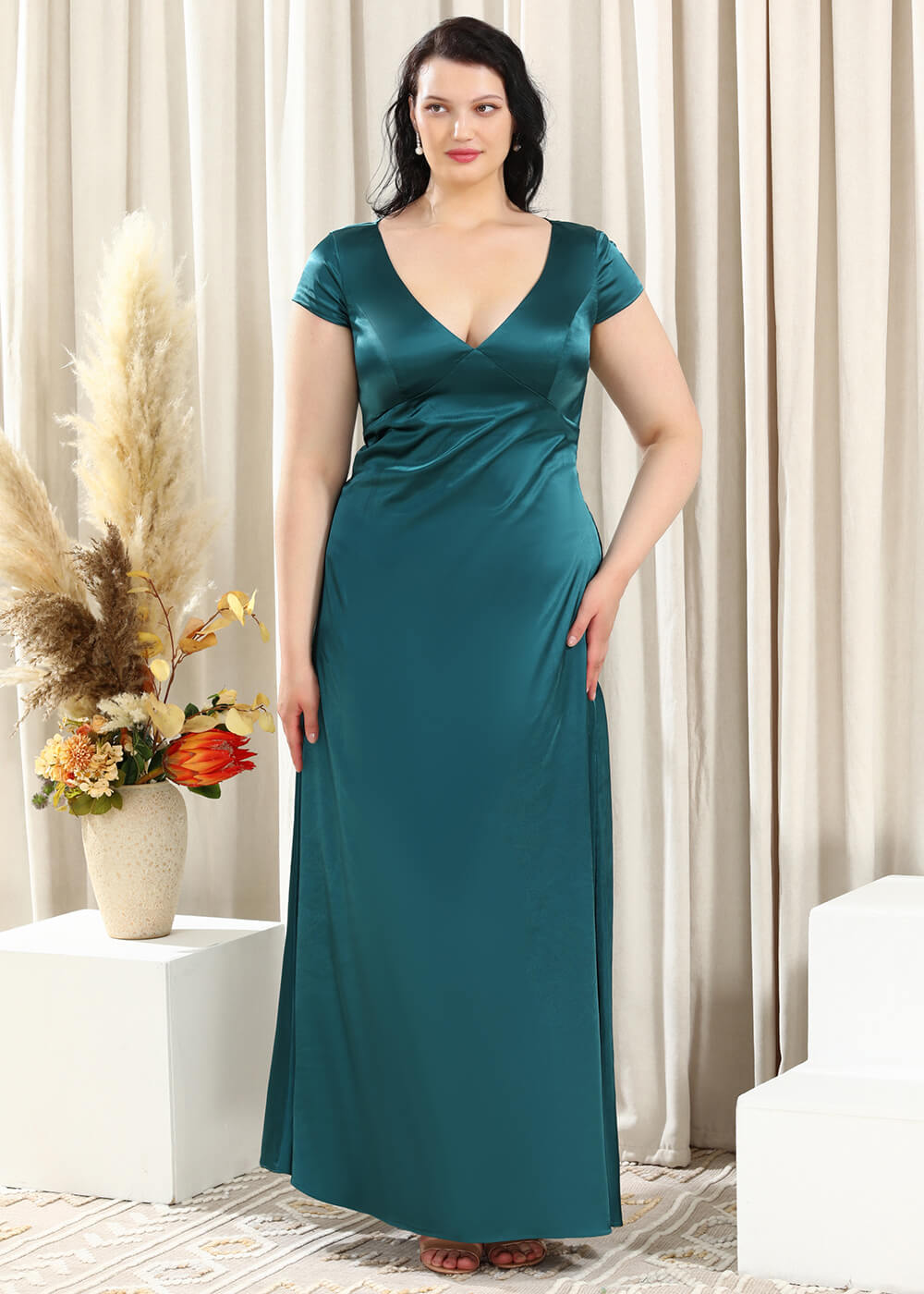 Deep V-neck A-line Key Hole Back Long Satin Bridesmaid Dress