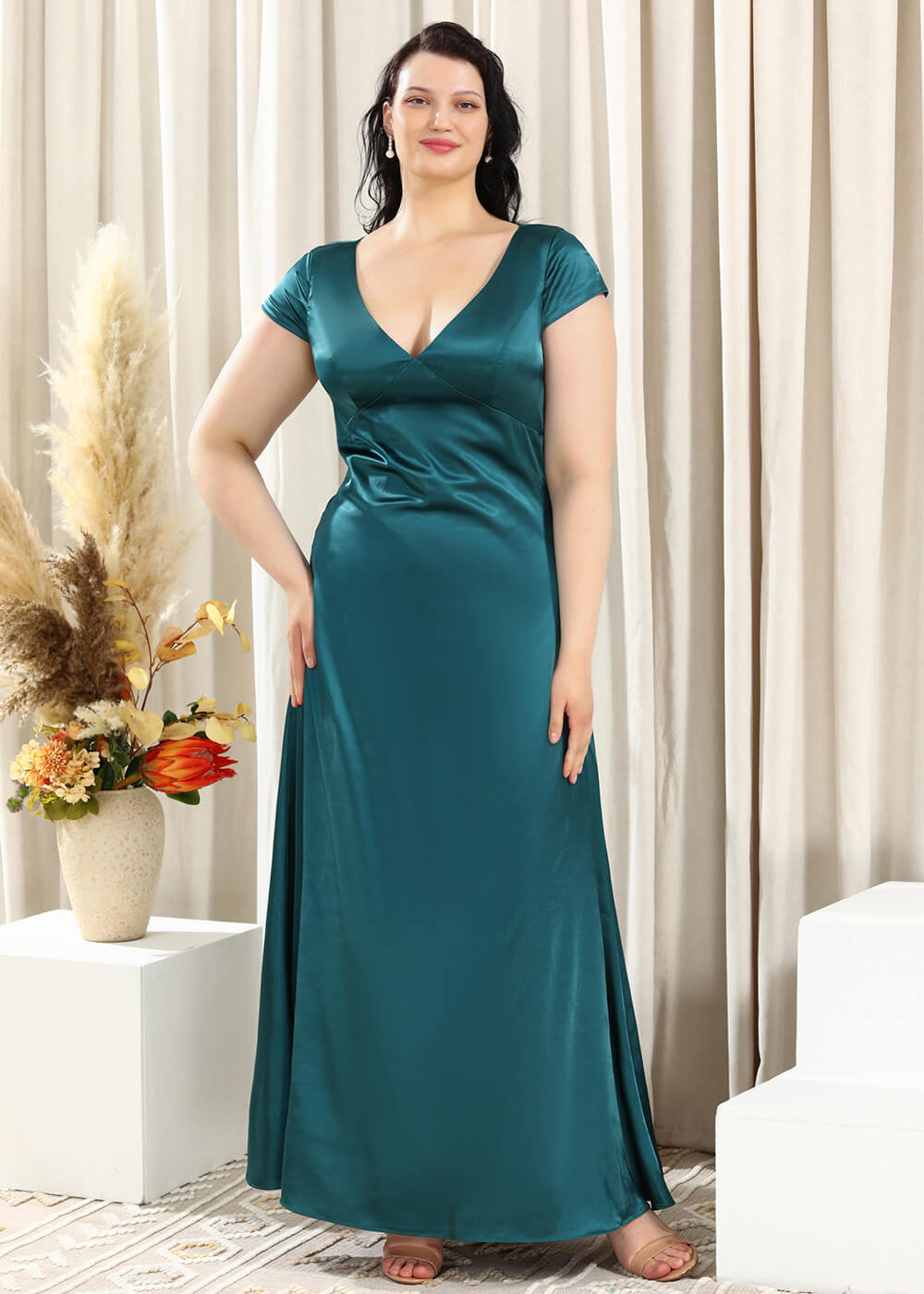 Deep V-neck A-line Key Hole Back Long Satin Bridesmaid Dress